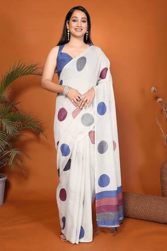 Off white linen printed saree with blouse