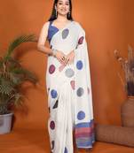 Off white linen printed saree with blouse