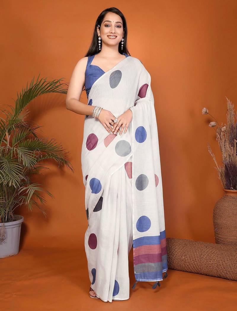 Off white linen printed saree with blouse