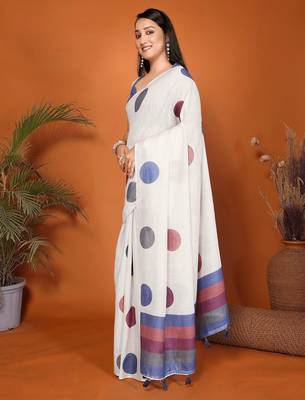 Off white linen printed saree with blouse 2
