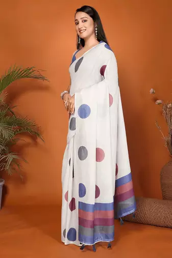 Off white linen printed saree with blouse