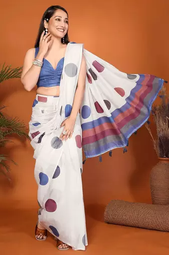 Off white linen printed saree with blouse