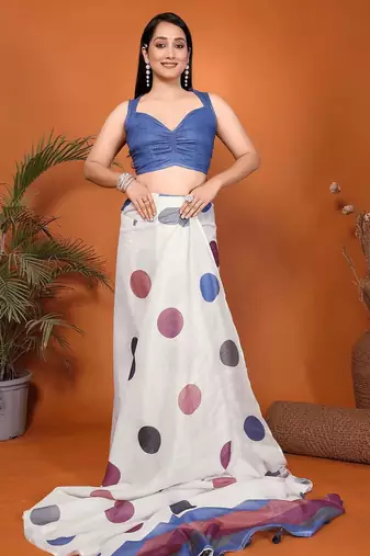 Off white linen printed saree with blouse
