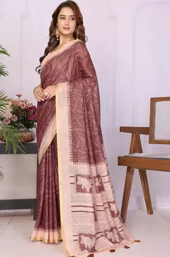 Burgundy linen  saree with blouse