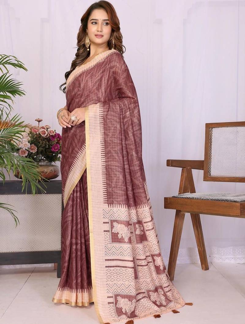 Burgundy linen  saree with blouse