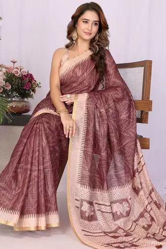 Burgundy linen  saree with blouse