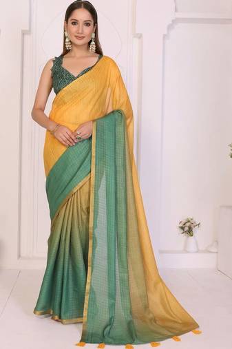 Yellow linen solid saree with blouse