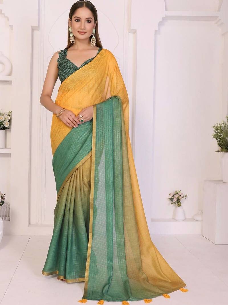 Yellow linen solid saree with blouse