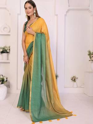 Yellow linen solid saree with blouse 3