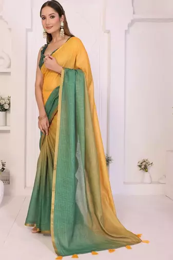 Yellow linen solid saree with blouse