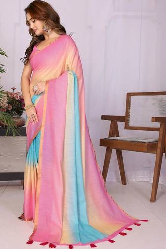 Multicolor linen solid saree with blouse
