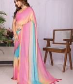Multicolor linen solid saree with blouse