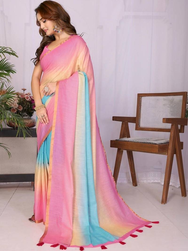 Multicolor linen solid saree with blouse