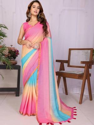 Multicolor linen solid saree with blouse 3