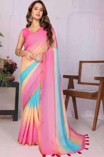 Multicolor linen solid saree with blouse