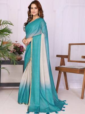 Turquoise linen checked saree with blouse 1