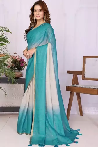 Turquoise linen checked saree with blouse