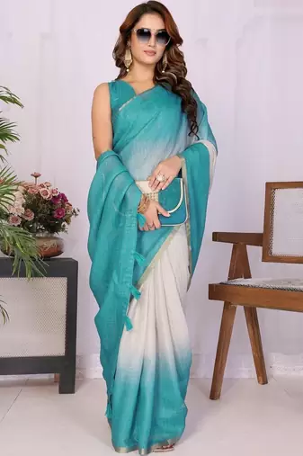 Turquoise linen checked saree with blouse