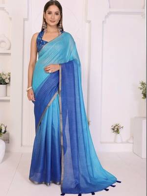 Blue linen solid saree with blouse 1