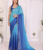 Blue linen solid saree with blouse