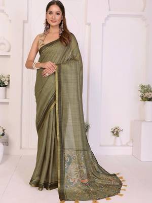Olive linen checked saree with blouse 1
