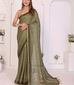 Olive linen checked saree with blouse