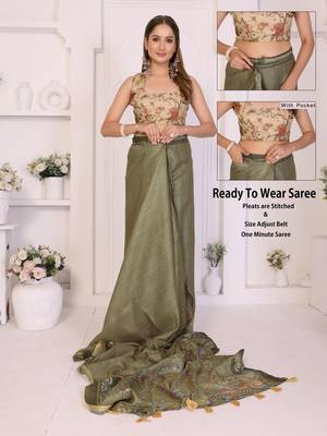 Olive linen checked saree with blouse 2