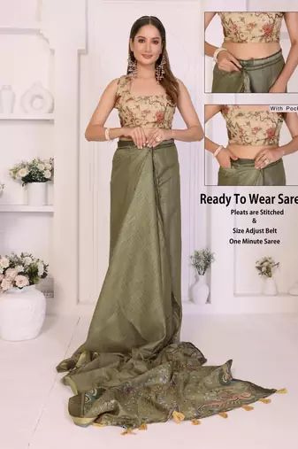 Olive linen checked saree with blouse