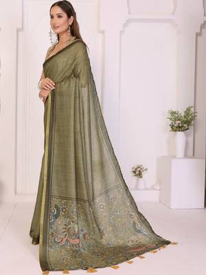 Olive linen checked saree with blouse 3
