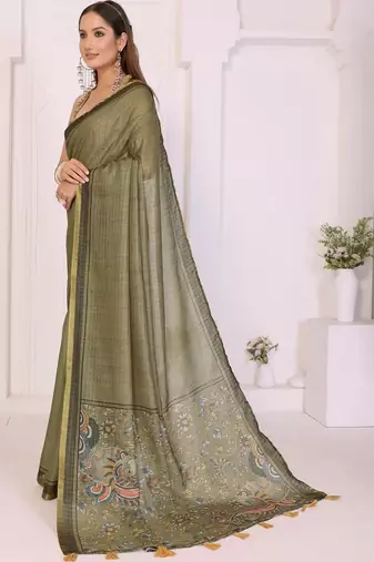 Olive linen checked saree with blouse