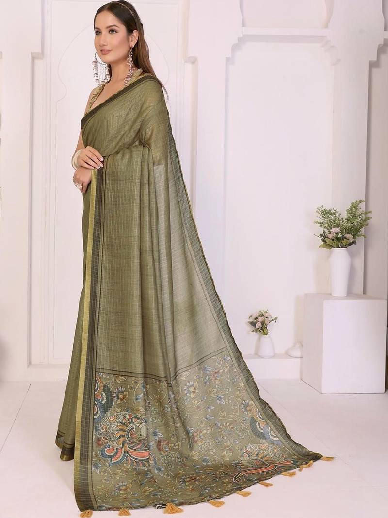 Olive linen checked saree with blouse