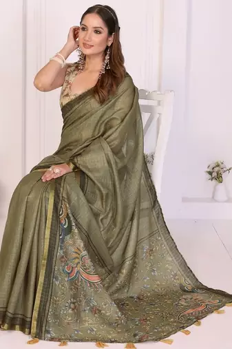 Olive linen checked saree with blouse