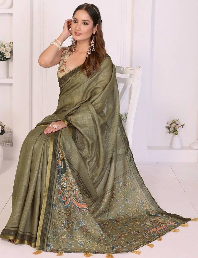 Olive linen checked saree with blouse