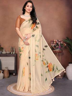 Cream organza printed saree with blouse 1