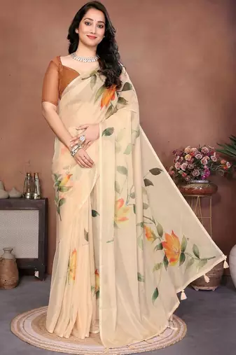 Cream organza printed saree with blouse