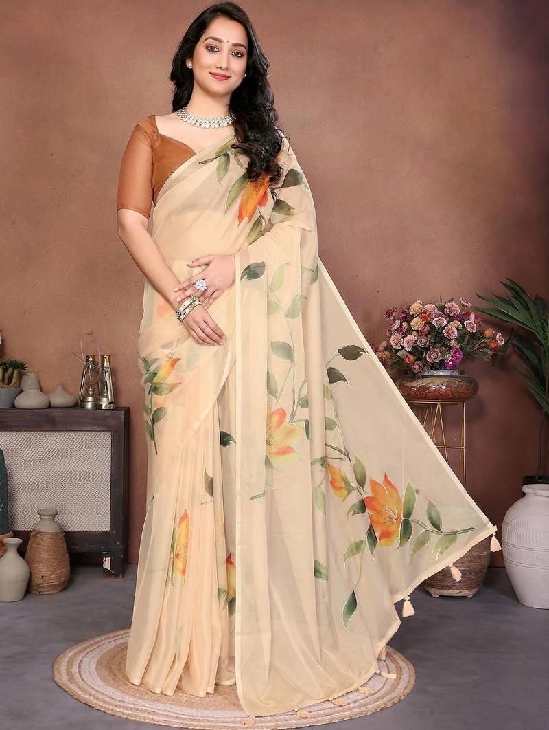Cream organza printed saree with blouse