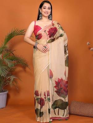 Cream organza printed saree with blouse 1
