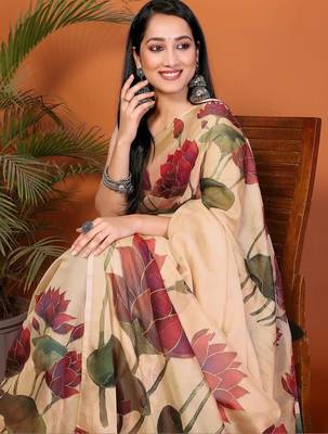 Cream organza printed saree with blouse 2