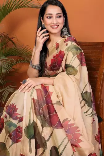 Cream organza printed saree with blouse