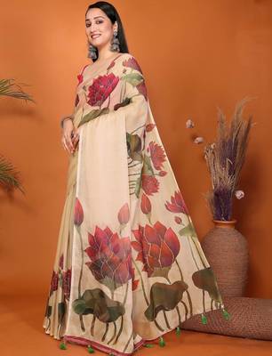 Cream organza printed saree with blouse 3