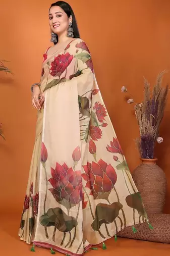 Cream organza printed saree with blouse