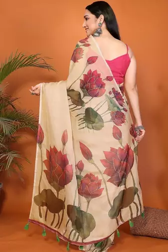 Cream organza printed saree with blouse