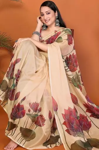 Cream organza printed saree with blouse