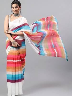 White linen printed saree with blouse 1