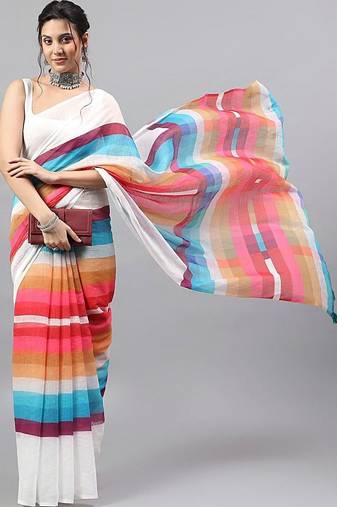 White linen printed saree with blouse