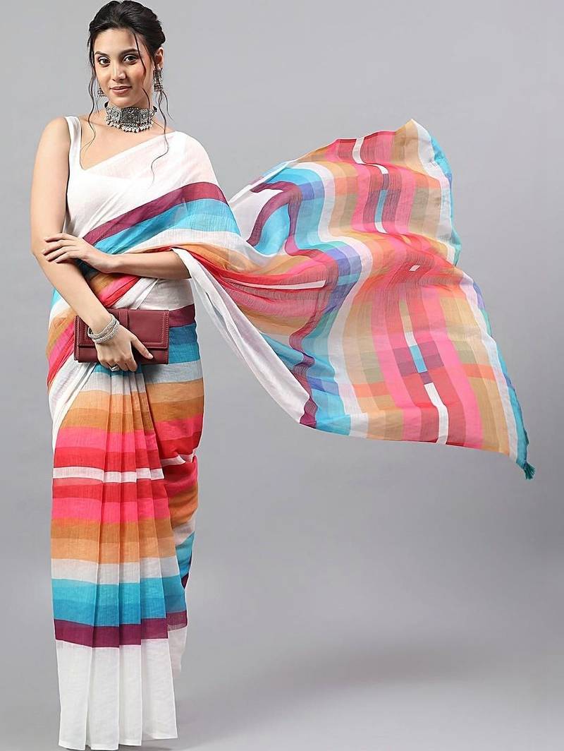 White linen printed saree with blouse