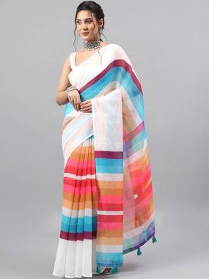 White linen printed saree with blouse 2