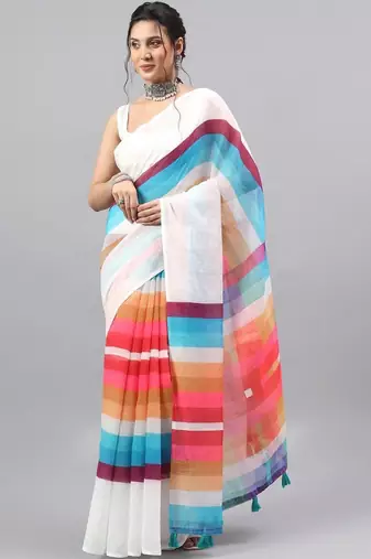White linen printed saree with blouse