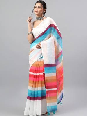 White linen printed saree with blouse 3