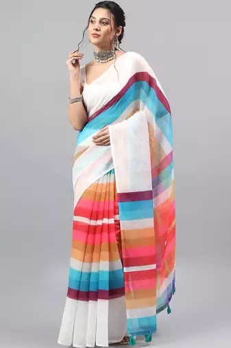 White linen printed saree with blouse